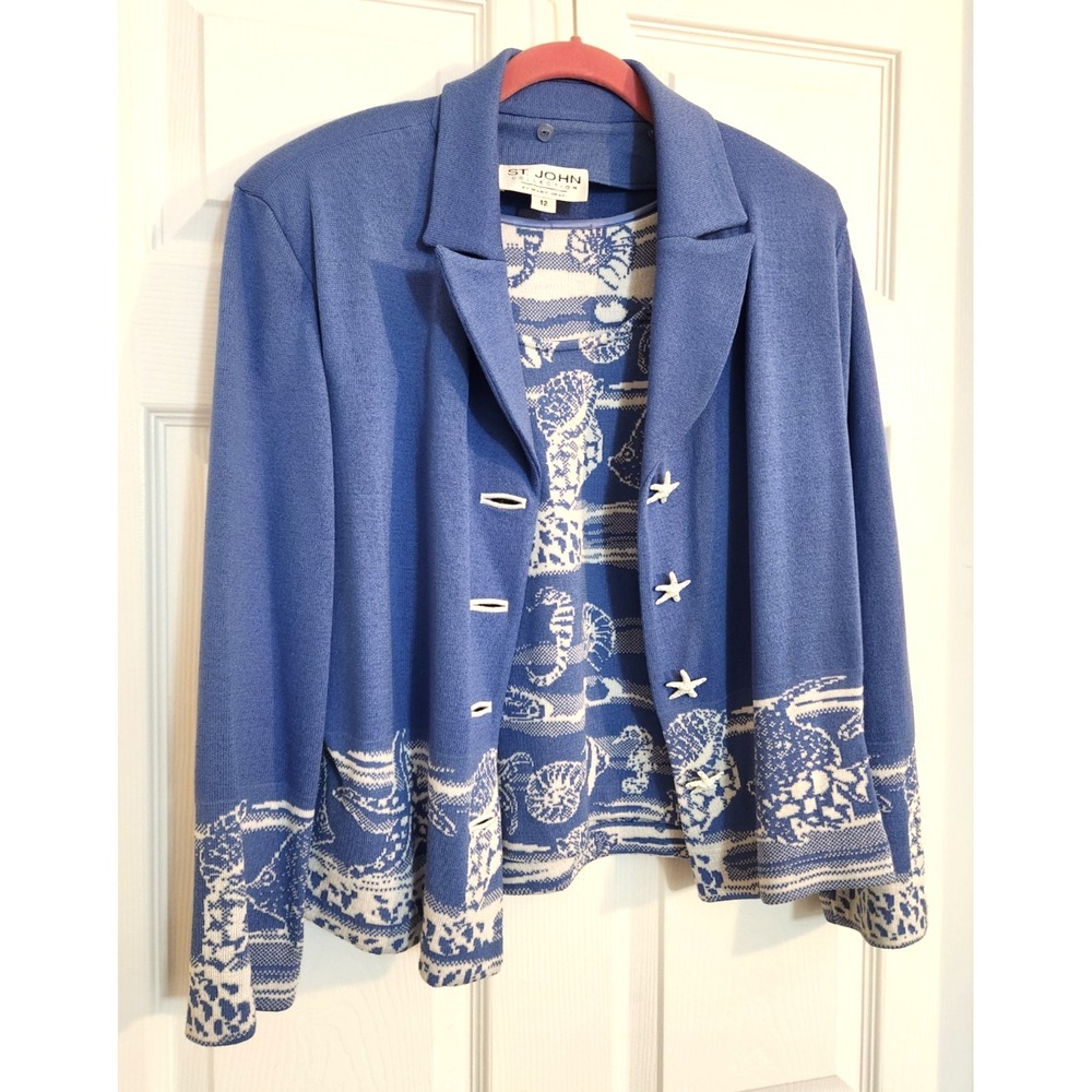 ST. JOHN Collection Marie Gray Blue Knit 2 Piece Cardigan Shell Buttons Size 12